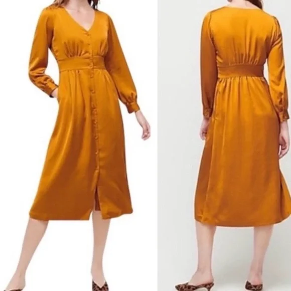 J. Crew NTW Button-Front A-line Midi Dress in Mustard sz 12 - Picture 2 of 11